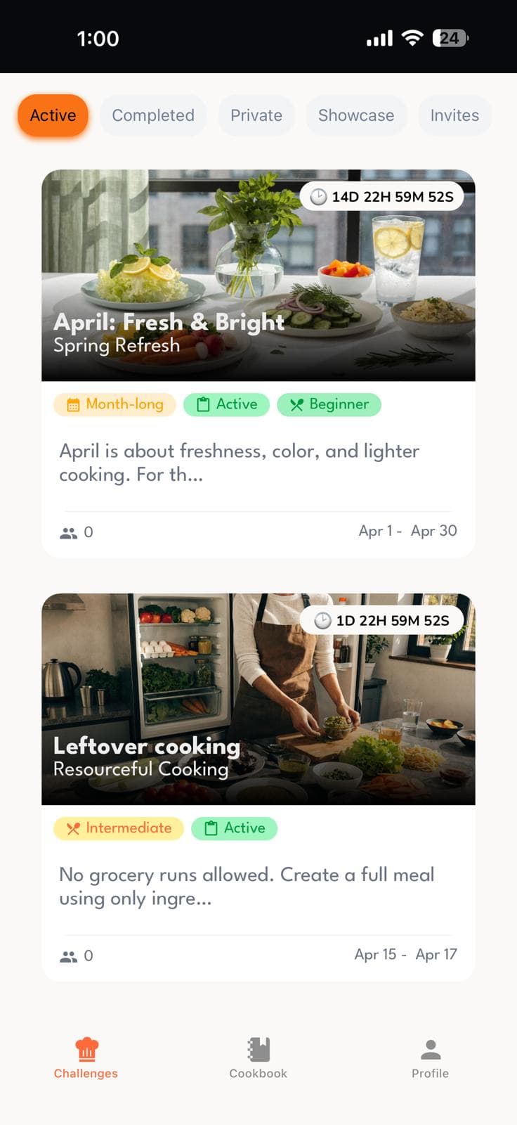CookOff cooking challenge app challenges screen
