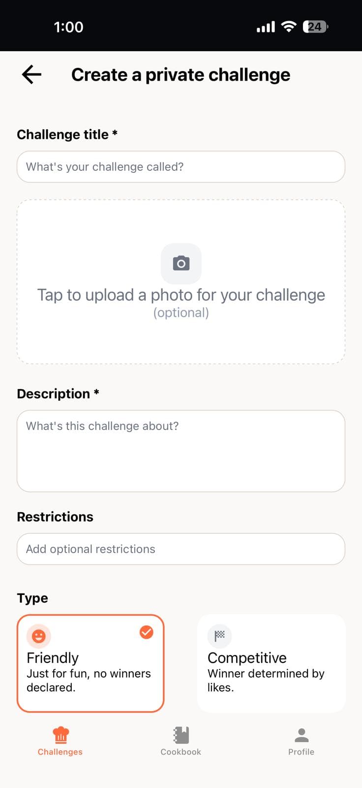 CookOff cooking challenge app private challenges screen